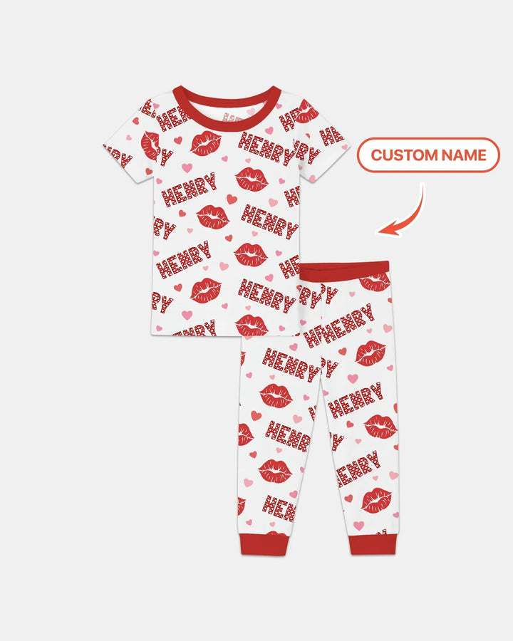 Custom Name Valentine Kiss Bamboo Two Piece Short Sleeve Pajama Set
