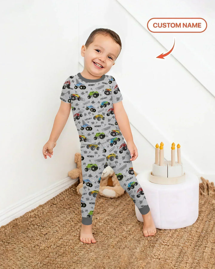 Monster Truck Dirt Jam Custom Name Daddy & Me Matching Bamboo Two Piece Short Sleeve Pajama Set