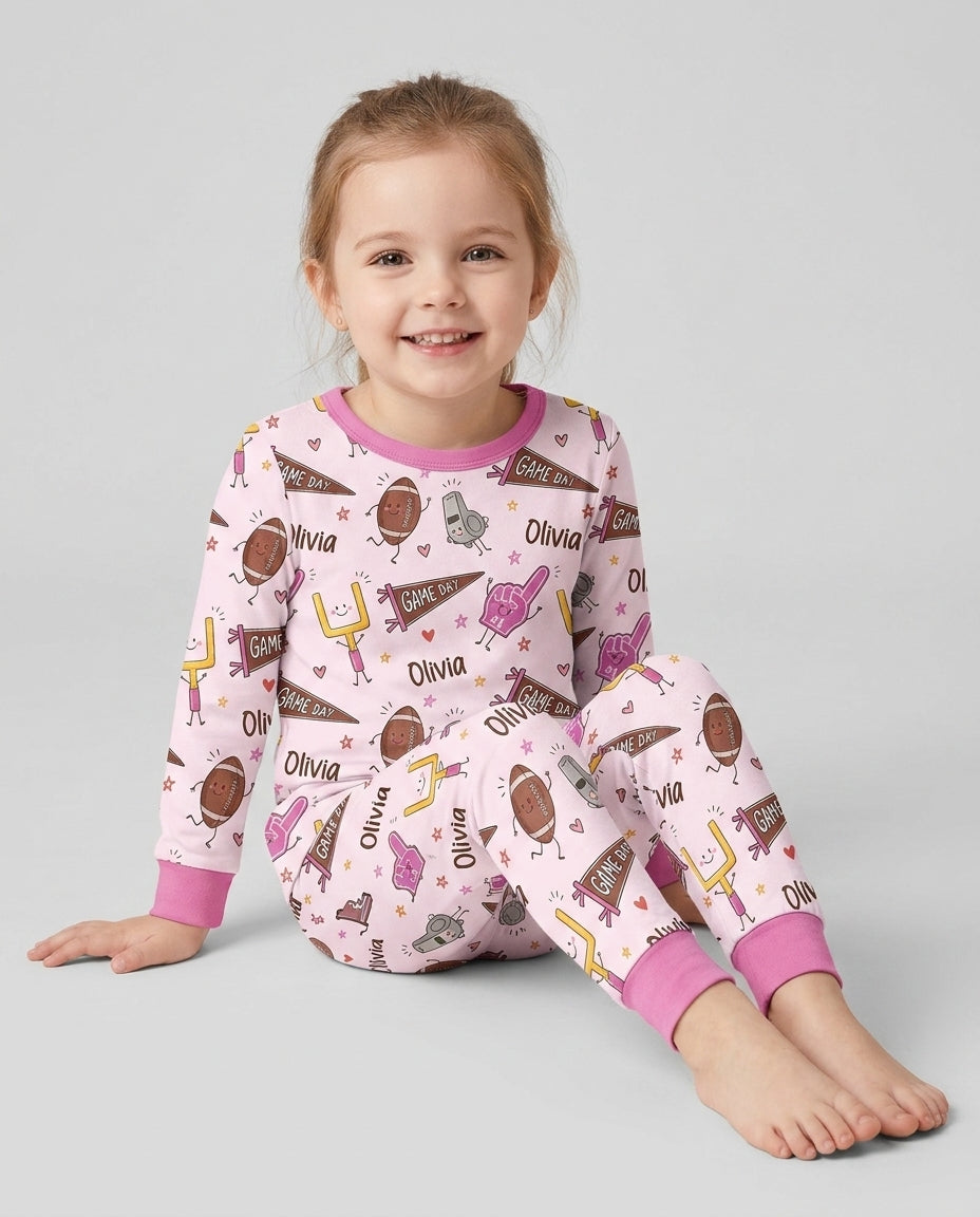 Custom Name Football Game Day Bamboo Two Piece Long Sleeve Pajama Set