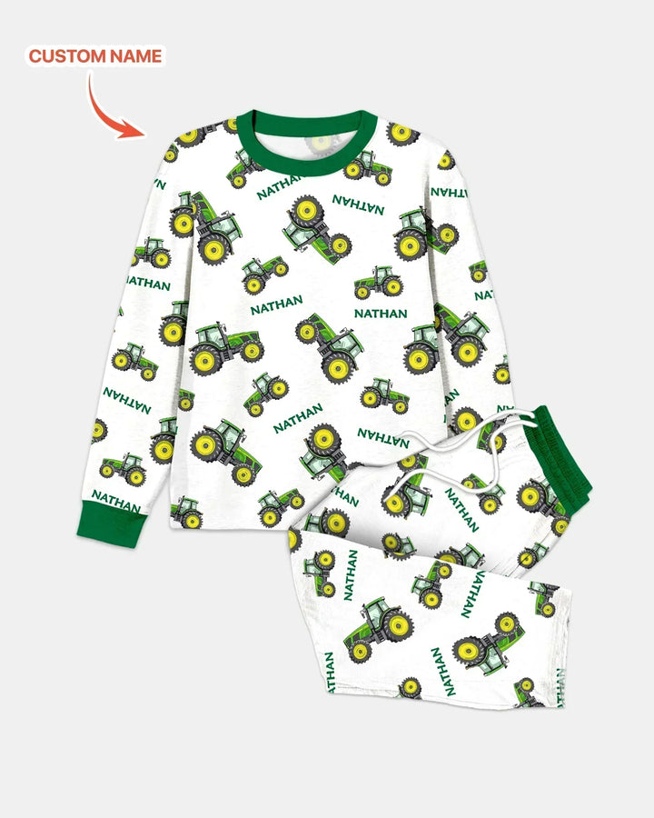 Custom Name Green Tractors Matching Daddy & Me Bamboo Men's Pajama Set