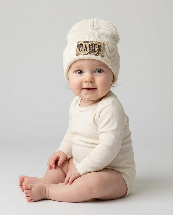 Custom Name Camo Leather Patch Beanie