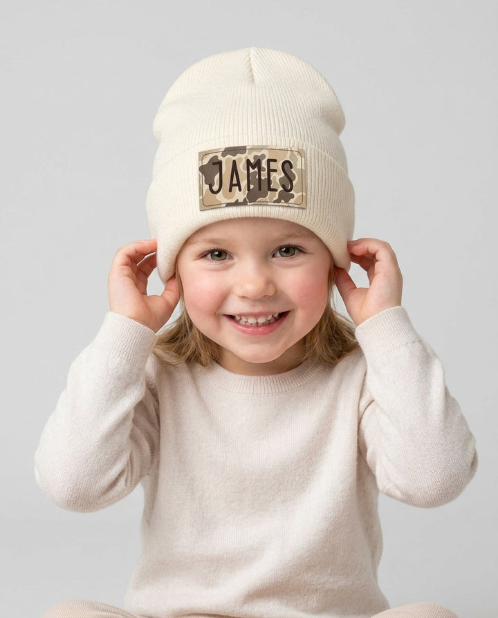 Custom Name Camo Leather Patch Beanie
