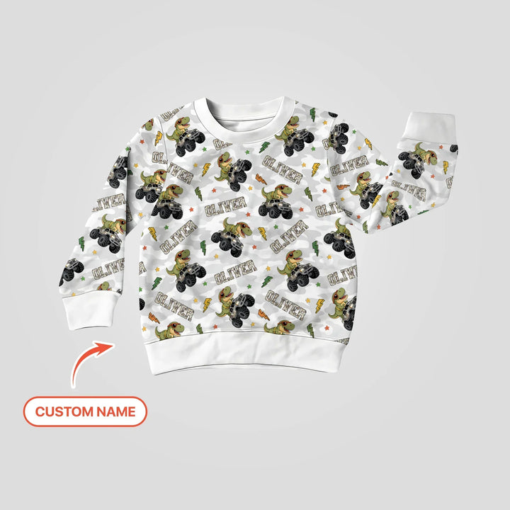 Custom Name Camo Trucker Dino Bamboo Crewneck Sweatshirt