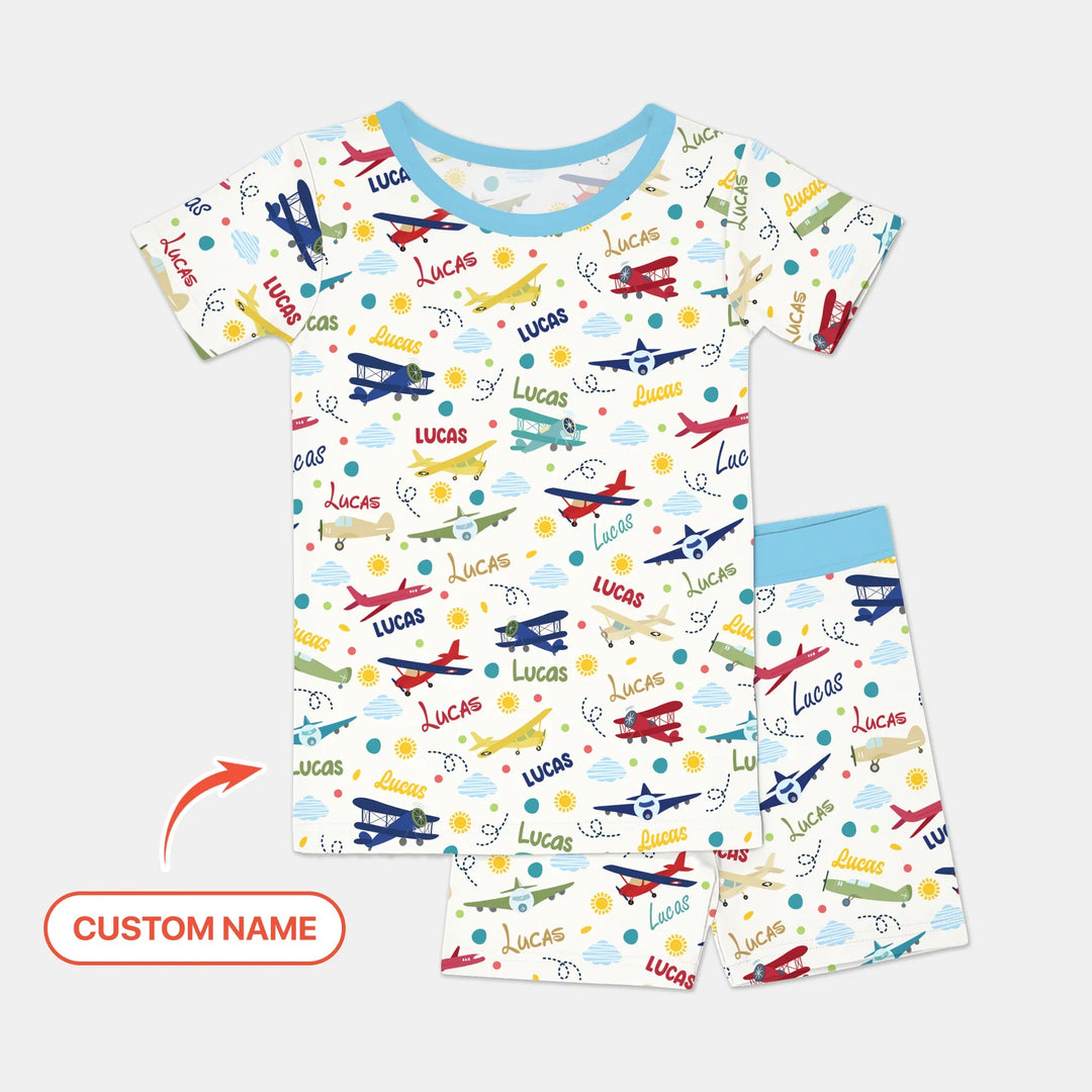 Custom Name Air Transport Bamboo Two Piece Short Sleeve Shorts Pajama Set