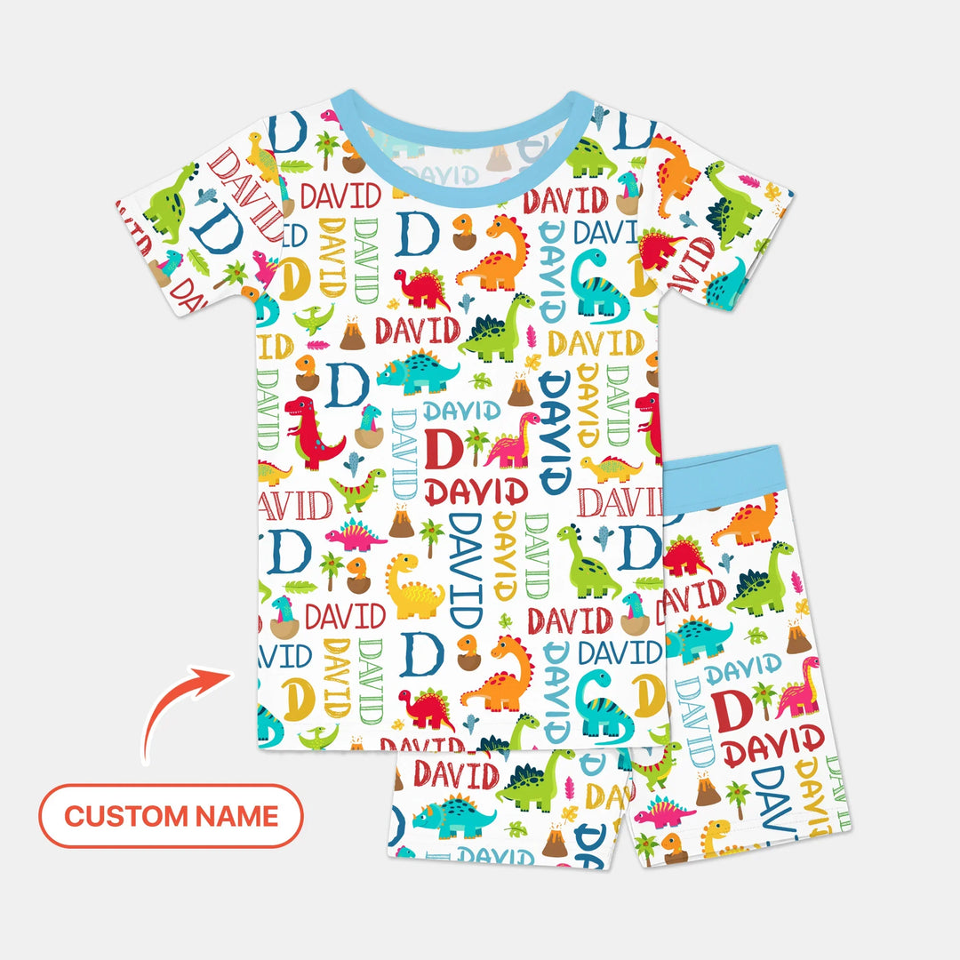 Personalized Fantasy Dinosaur Word Bamboo Two Piece Short Sleeve Shorts Pajama Set