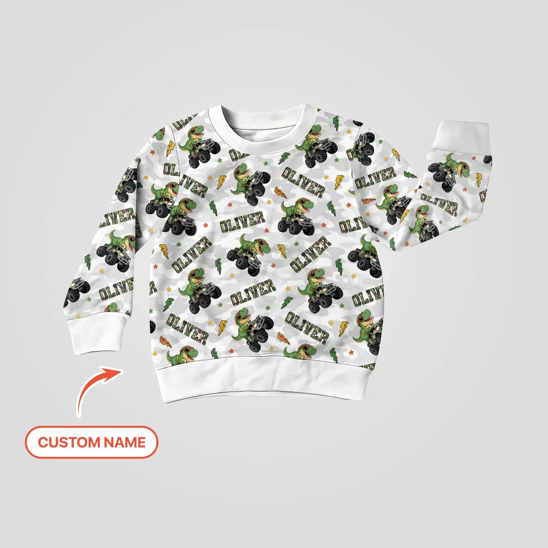 Custom Name Camo Trucker Dino Bamboo Crewneck Sweatshirt