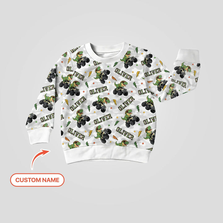 Custom Name Camo Trucker Dino Bamboo Crewneck Sweatshirt