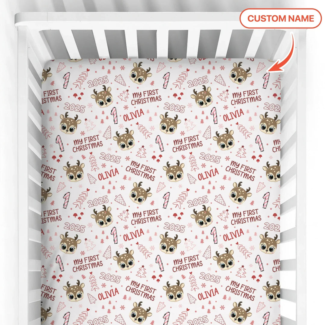 Custom Name Cute Reindeer My First Christmas Bamboo Fitted Crib Sheet