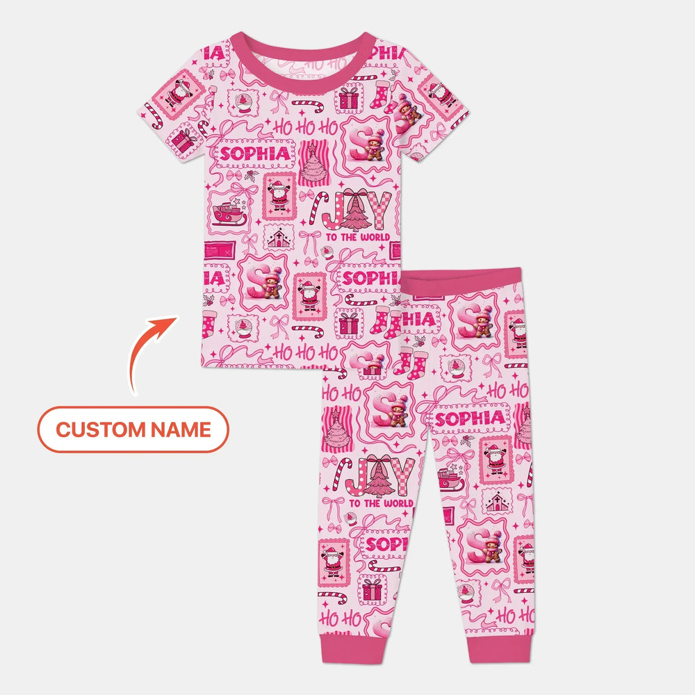 Custom Name Preppy Pink Christmas Two Piece Short Sleeve Pajama Set , Custom Name Preppy Pink Christmas Two Piece Short Sleeve Pajama Set - 12-18M