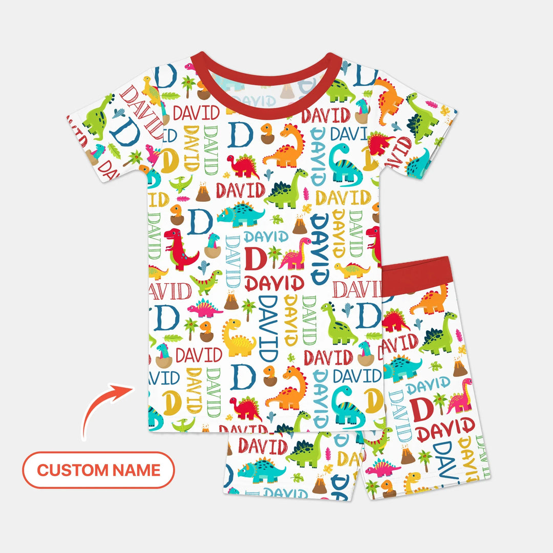 Personalized Fantasy Dinosaur Word Bamboo Two Piece Short Sleeve Shorts Pajama Set