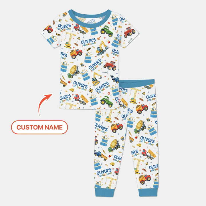 Custom Name Little Builder's Birthday Bamboo Two Piece Short Sleeve Pajama Set