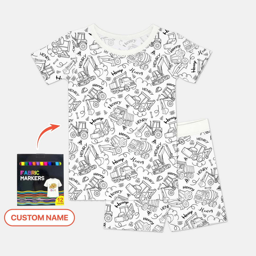 Construction Vehicules Custom Name Colorable Two Piece Short Sleeve Shorts Pajama