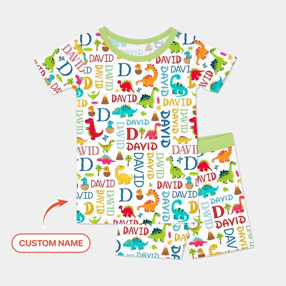 Personalized Fantasy Dinosaur Word Bamboo Two Piece Short Sleeve Shorts Pajama Set