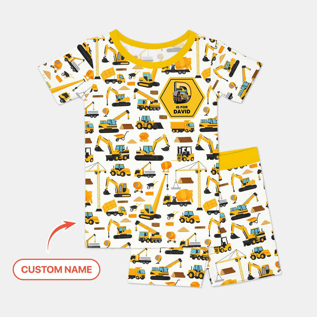 Custom Name Construction Initials Bamboo Two Piece Short Sleeve Shorts Pajama Set