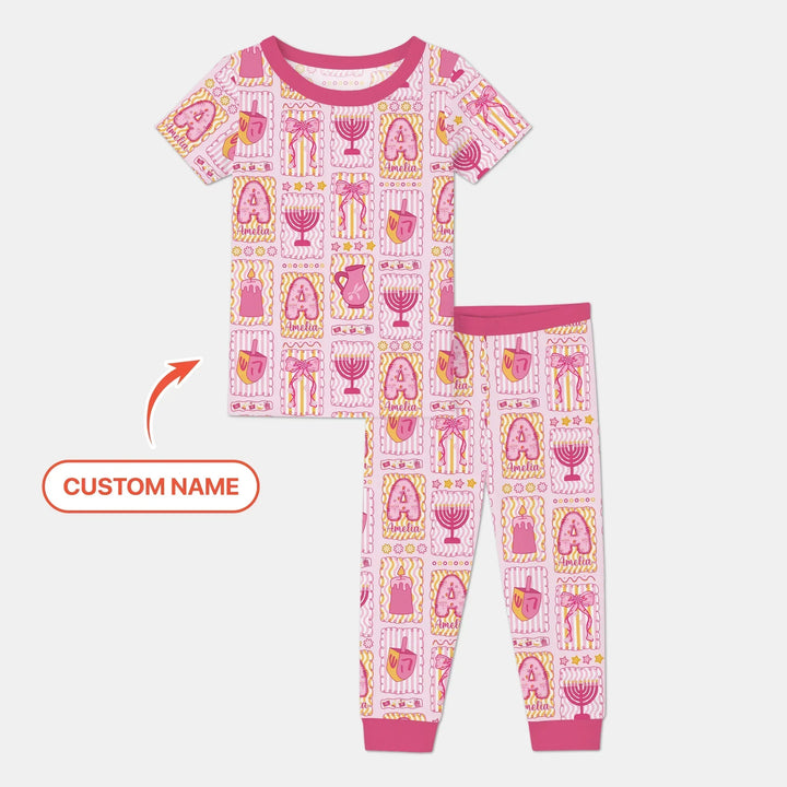Custom Name Hanukkah Wonderland Bamboo Two Piece Short Sleeve Pajama Set