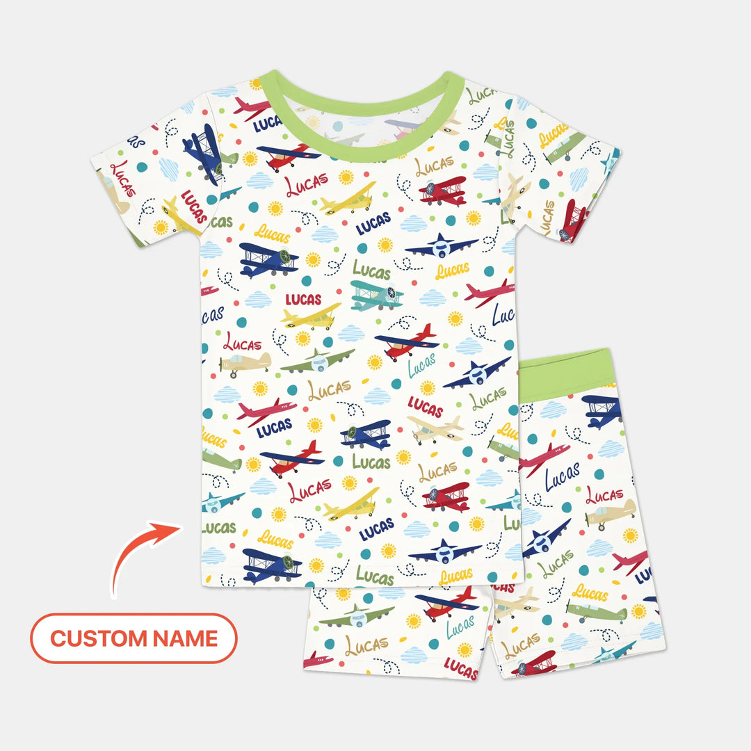 Custom Name Air Transport Bamboo Two Piece Short Sleeve Shorts Pajama Set