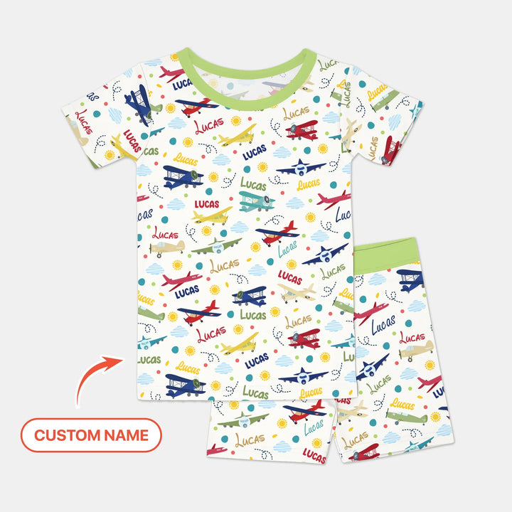 Custom Name Air Transport Bamboo Two Piece Short Sleeve Shorts Pajama Set