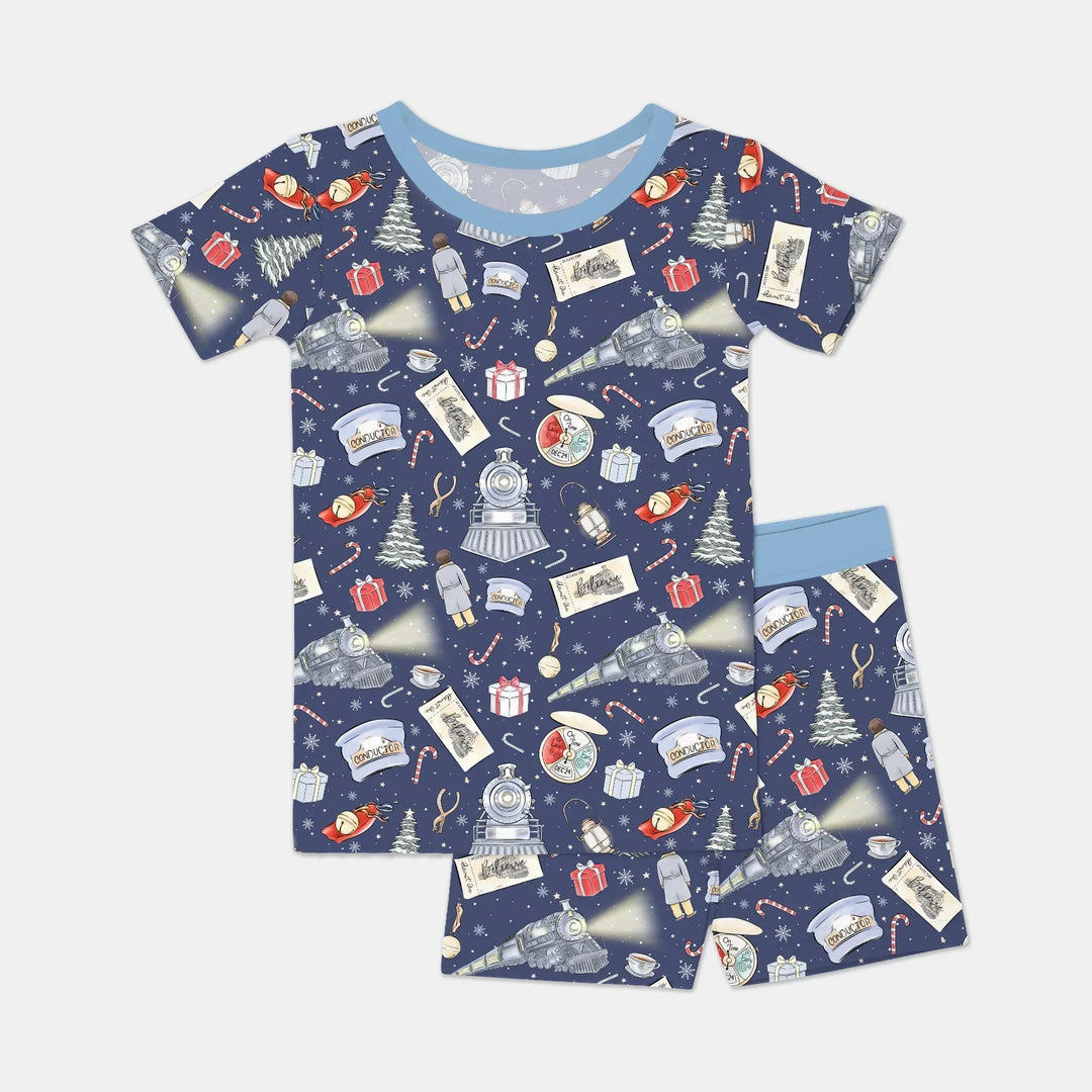 Christmas Train Bamboo Two Piece Short Sleeve Shorts Pajama Set