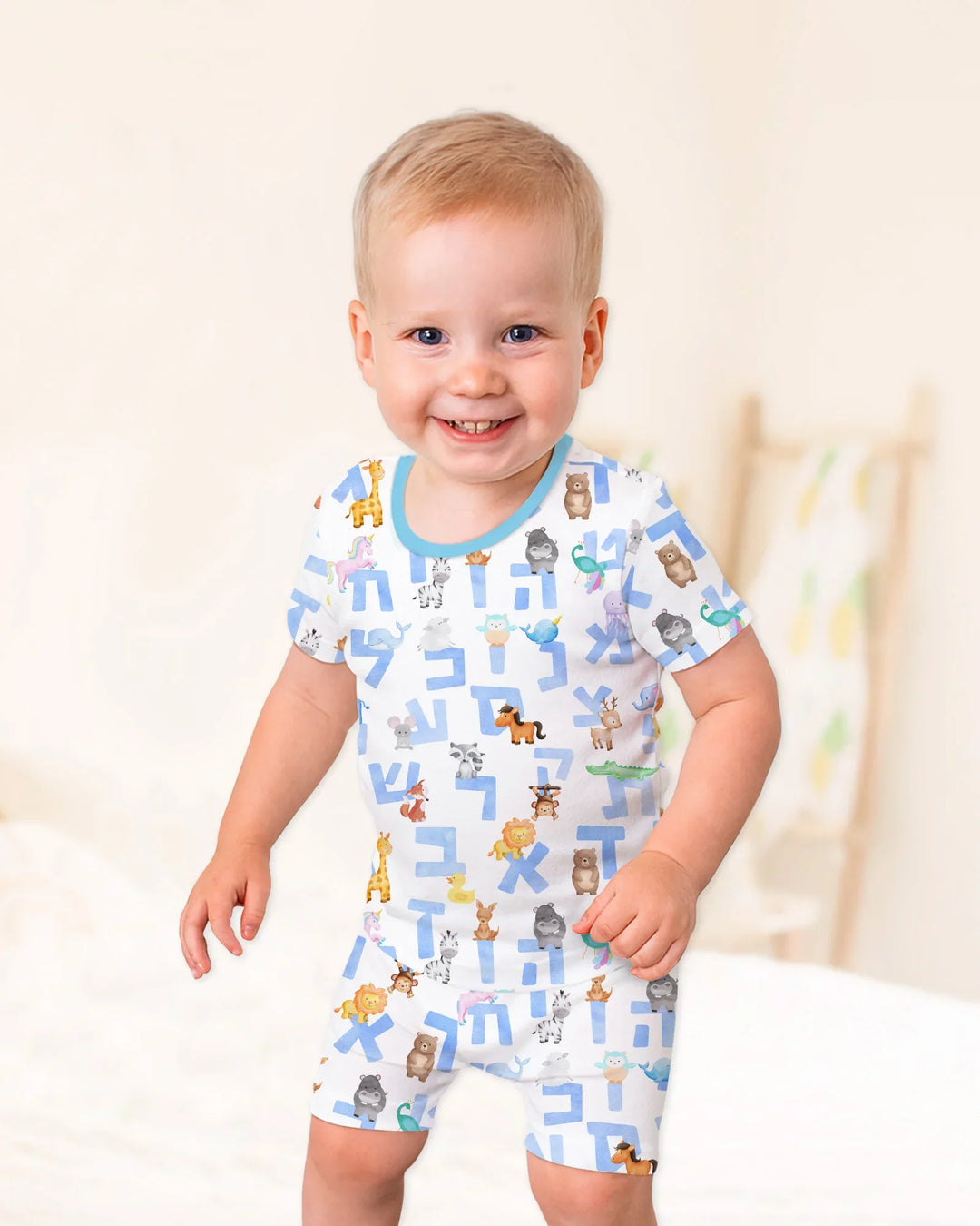 Hebrew Animal Alphabet Bamboo Two Piece Short Sleeve Shorts Pajama Set