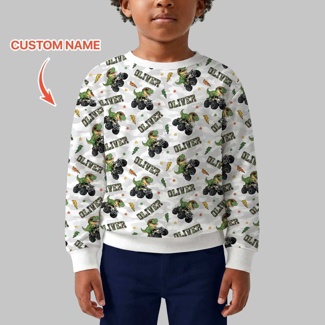 Custom Name Camo Trucker Dino Bamboo Crewneck Sweatshirt
