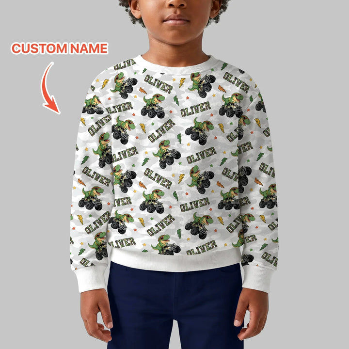 Custom Name Camo Trucker Dino Bamboo Crewneck Sweatshirt