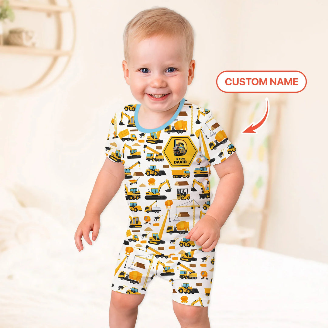 Custom Name Construction Initials Bamboo Two Piece Short Sleeve Shorts Pajama Set