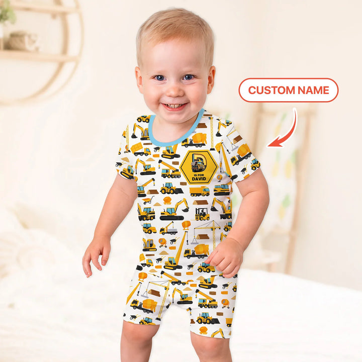 Custom Name Construction Initials Bamboo Two Piece Short Sleeve Shorts Pajama Set