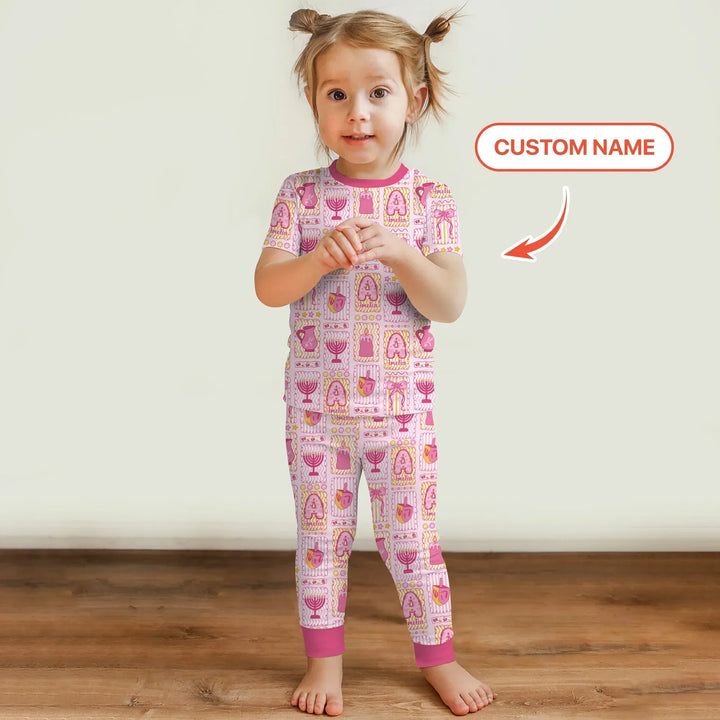 Custom Name Hanukkah Wonderland Bamboo Two Piece Short Sleeve Pajama Set