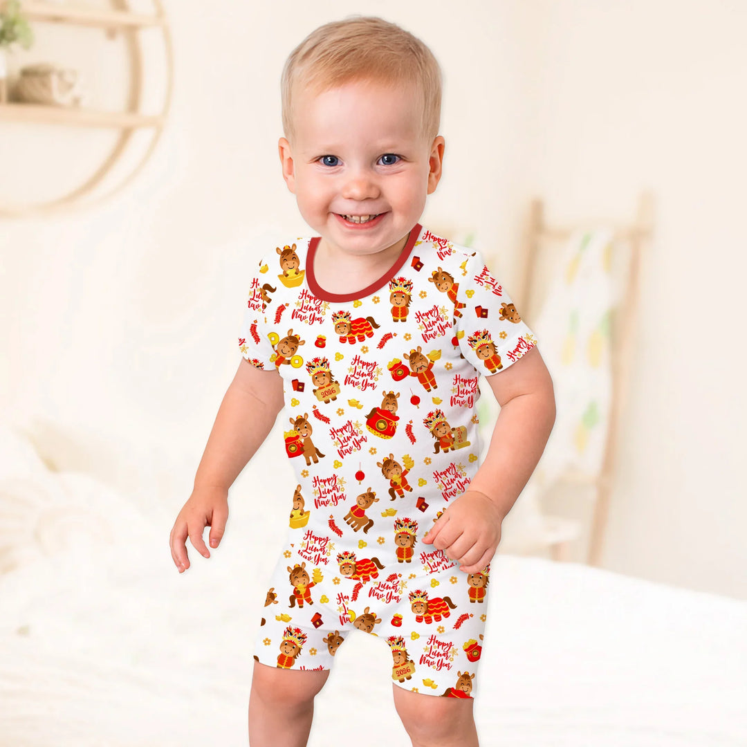 Year of the Horse Bamboo Two Piece Short Sleeve Shorts Pajama Set