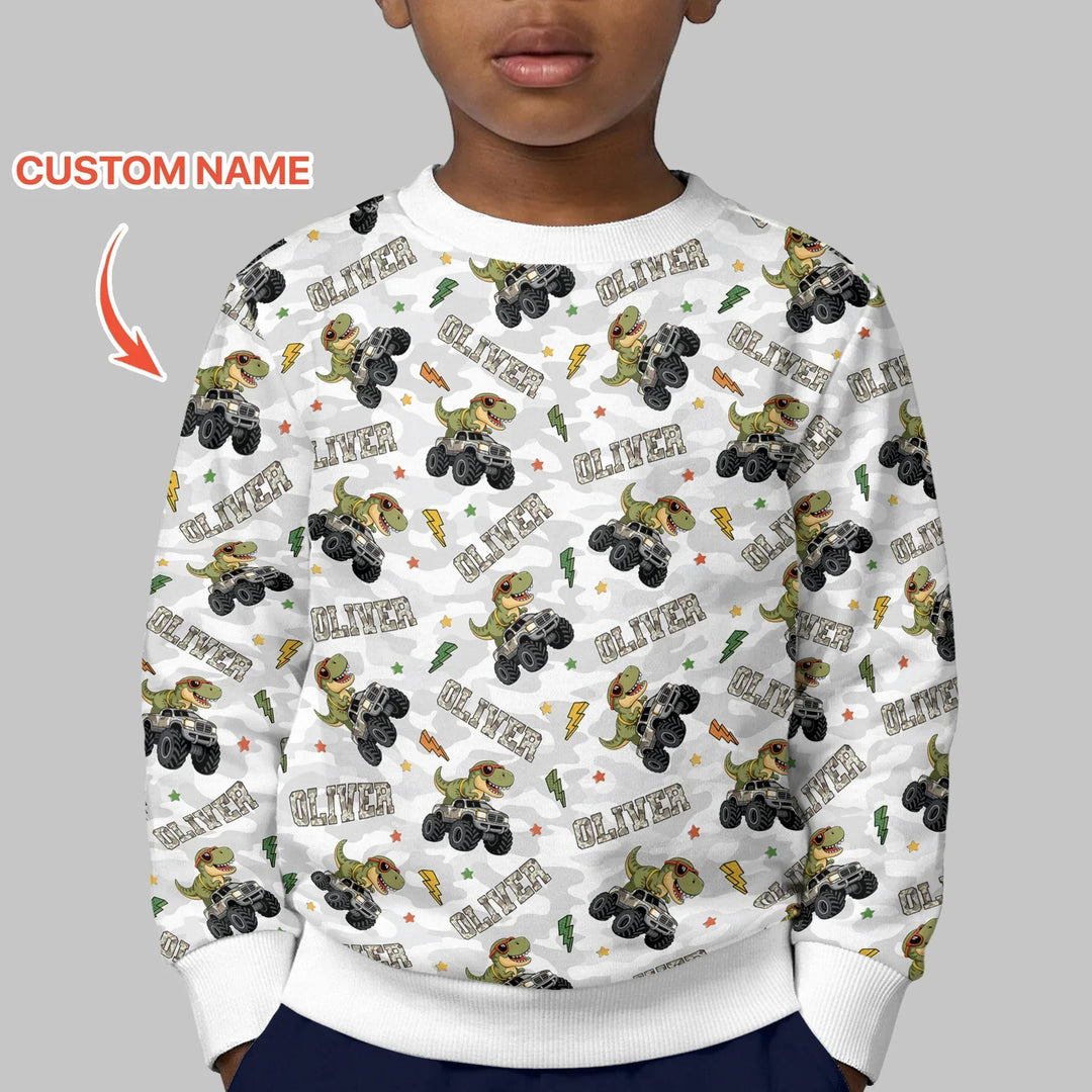 Custom Name Camo Trucker Dino Bamboo Crewneck Sweatshirt