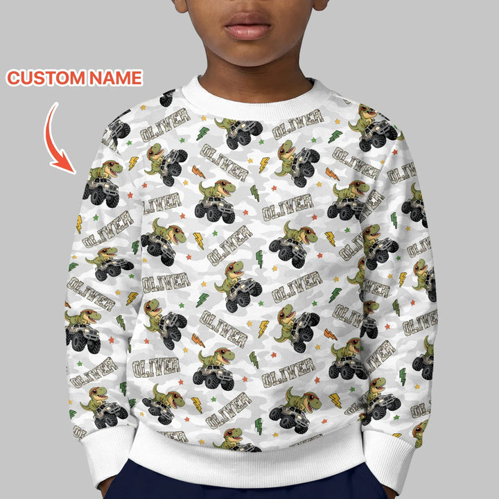 Custom Name Camo Trucker Dino Bamboo Crewneck Sweatshirt