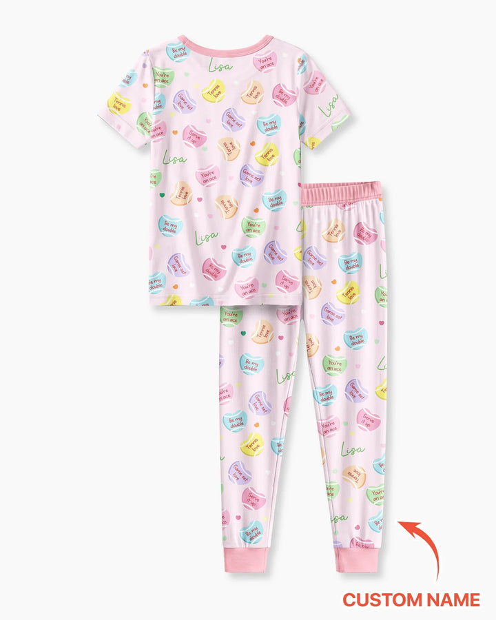 Custom Name Tennis Candy Hearts Bamboo Two Piece Short Sleeve Pajama Set