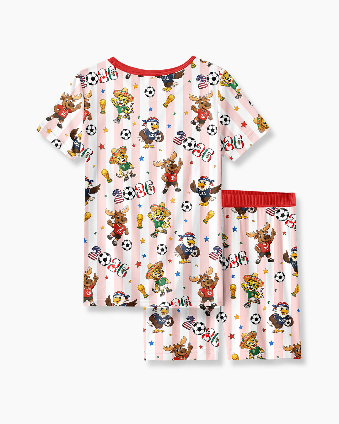 Striped Cute Mascots Soccer Cup 2026 Bamboo Two Piece Short Sleeve Shorts Pajama Set