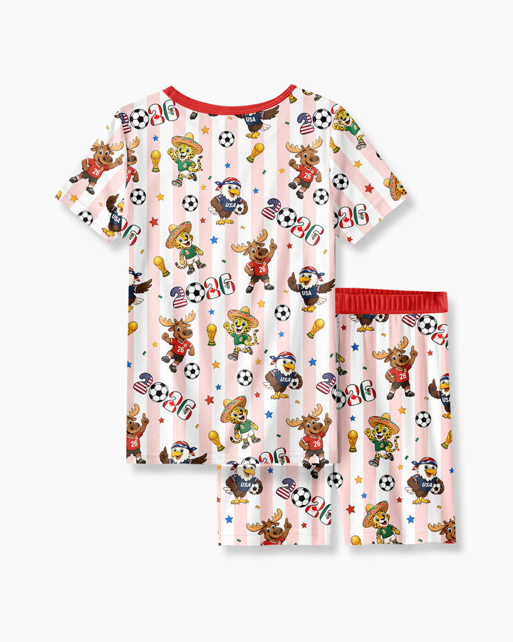 Striped Cute Mascots Soccer Cup 2026 Bamboo Two Piece Short Sleeve Shorts Pajama Set