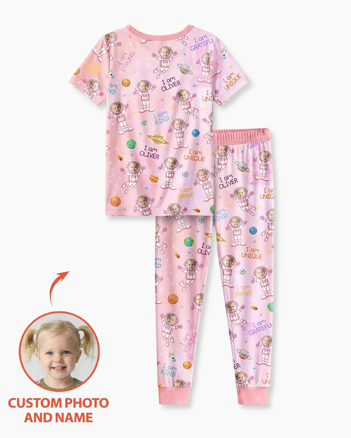Custom Photo Kid Affirmations I Am Kind Astronaut Bamboo Two Piece Short Sleeve Shorts Pajama Set