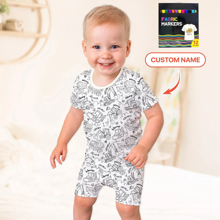 Construction Vehicules Custom Name Colorable Two Piece Short Sleeve Shorts Pajama