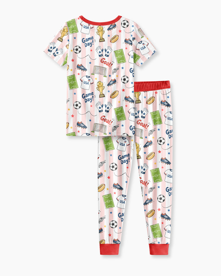 Striped Soccer Game Day Family Matching Bamboo Two Piece Short Sleeve Pajama Set