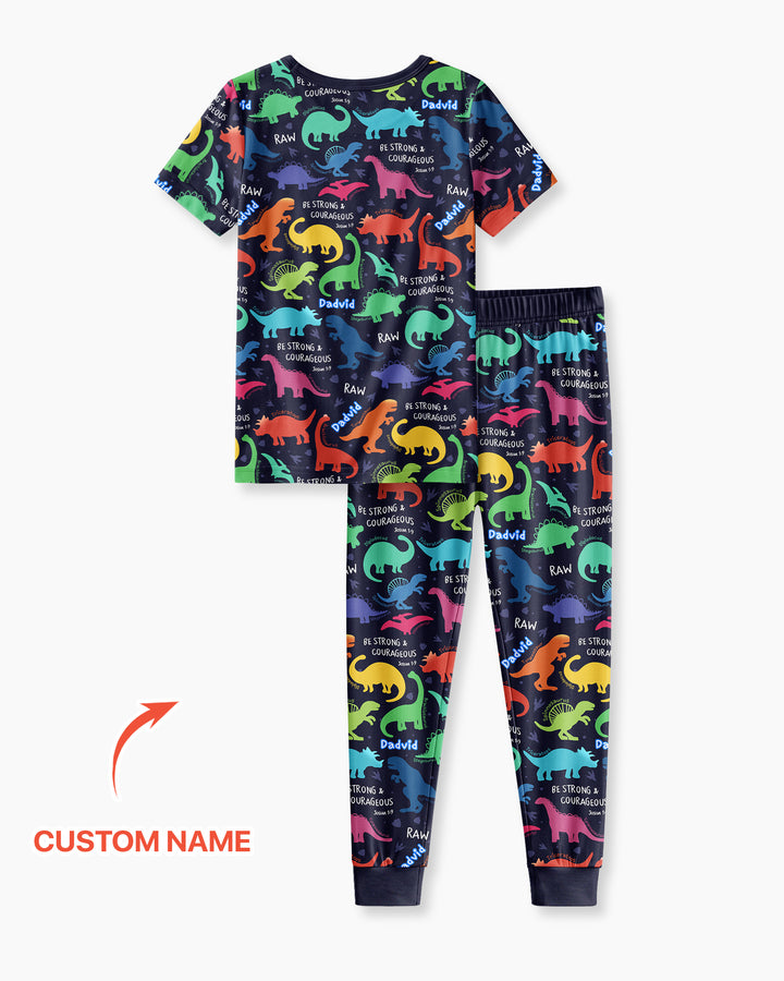 Be Strong and Courageous Dinosaur Christian Bamboo Two Piece Short Sleeve Pajama Set