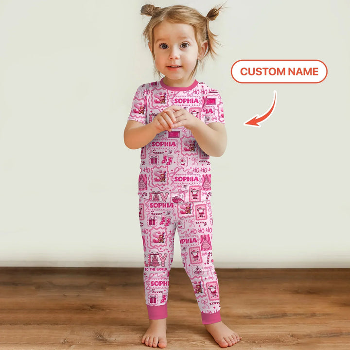 Custom Name Preppy Pink Christmas Two Piece Short Sleeve Pajama Set , Custom Name Preppy Pink Christmas Two Piece Short Sleeve Pajama Set - 12-18M