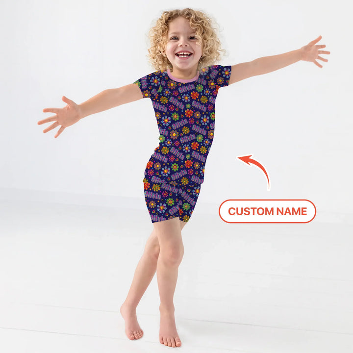 Custom Name Rainbow Hippie Flowers Bamboo Two Piece Short Sleeve Shorts Pajama Set