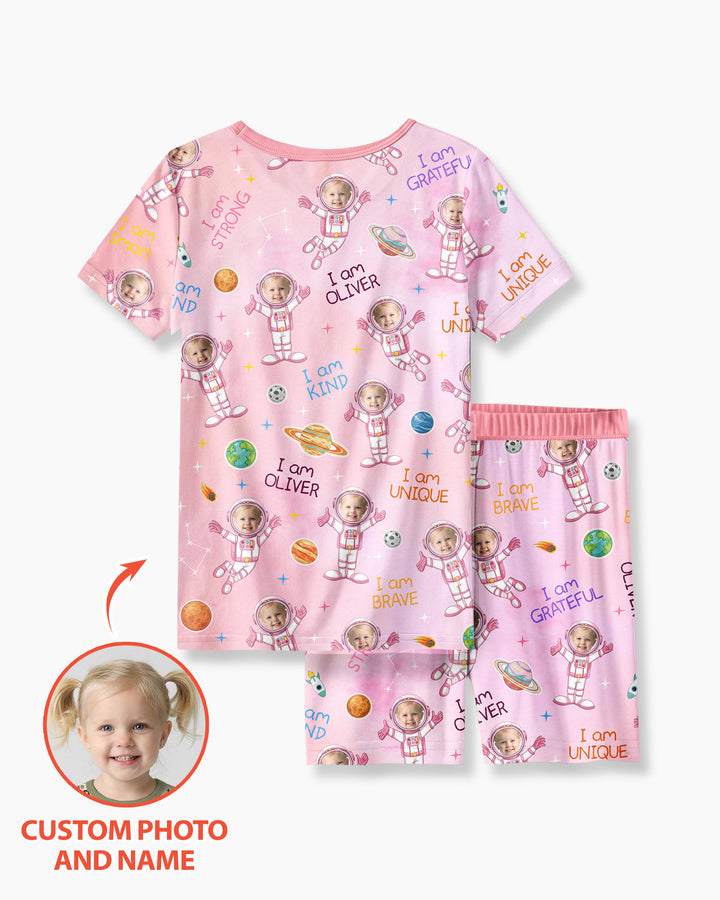 Custom Photo Kid Affirmations I Am Kind Astronaut Bamboo Two Piece Short Sleeve Pajama Set