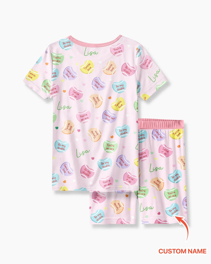 Custom Name Tennis Candy Hearts Bamboo Two Piece Short Sleeve Shorts Pajama Set
