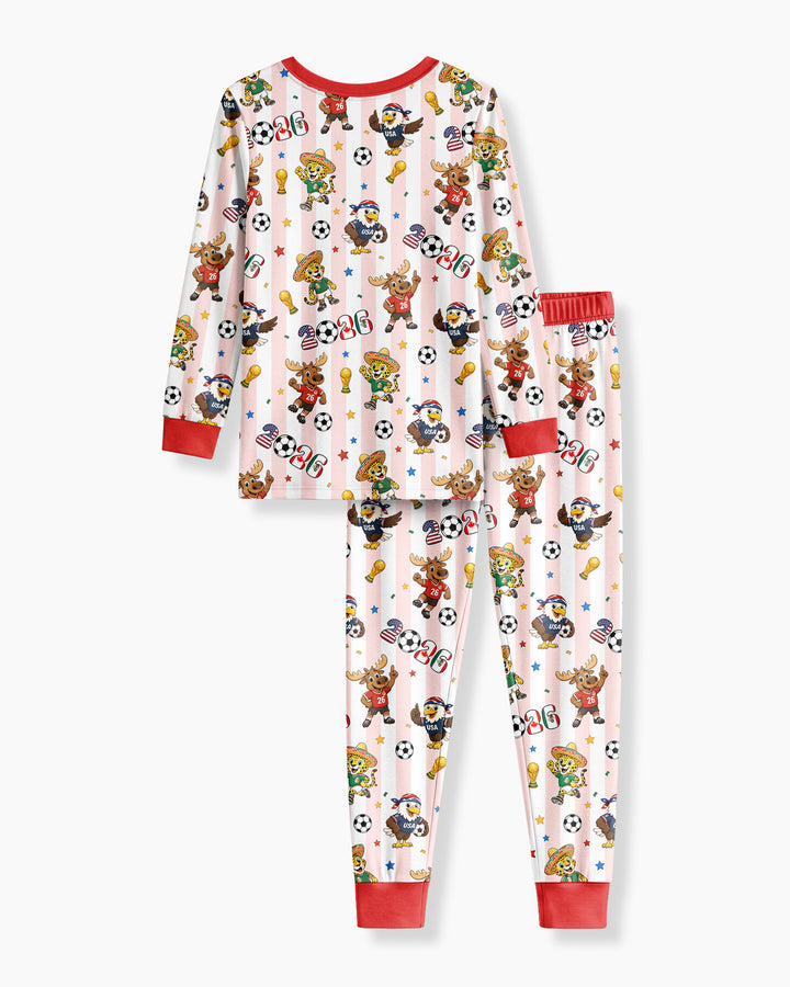 Striped Cute Mascots Soccer Cup 2026 Bamboo Two Piece Long Sleeve Pajama Set