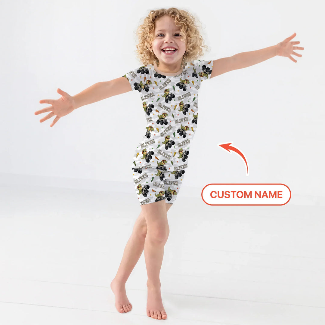 Custom Name Camo Trucker Dino Bamboo Two Piece Short Sleeve Shorts Pajama Set