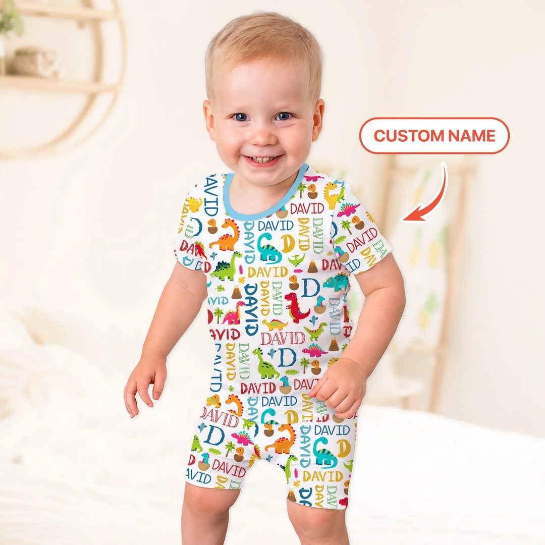 Personalized Fantasy Dinosaur Word Bamboo Two Piece Short Sleeve Shorts Pajama Set