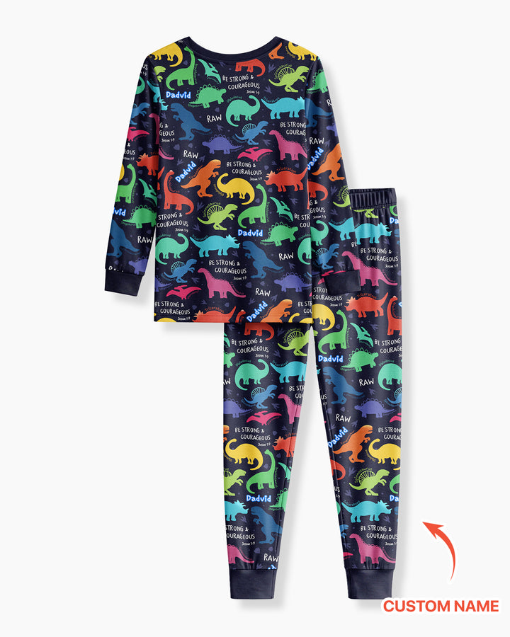 Be Strong and Courageous Dinosaur Christian Bamboo Two Piece Long Sleeve Pajama Set