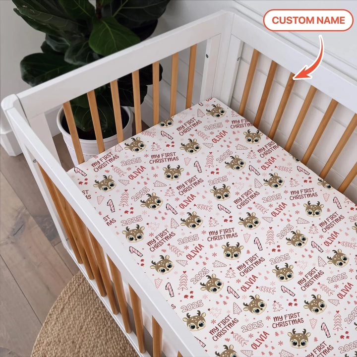 Custom Name Cute Reindeer My First Christmas Bamboo Fitted Crib Sheet