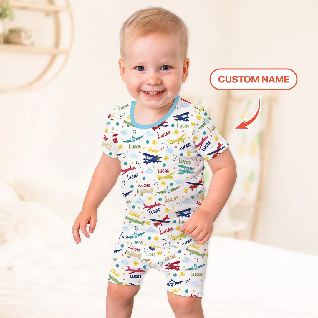 Custom Name Air Transport Bamboo Two Piece Short Sleeve Shorts Pajama Set