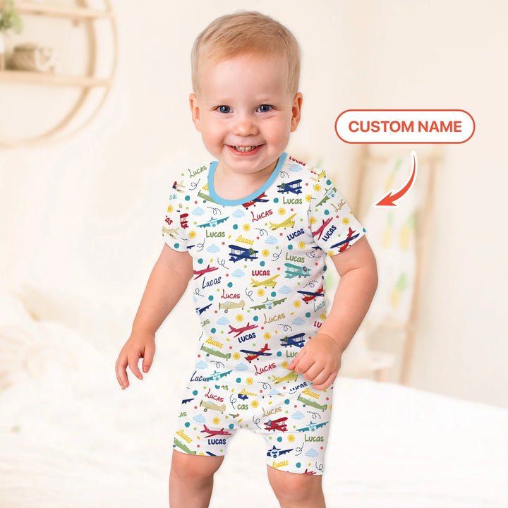 Custom Name Air Transport Bamboo Two Piece Short Sleeve Shorts Pajama Set