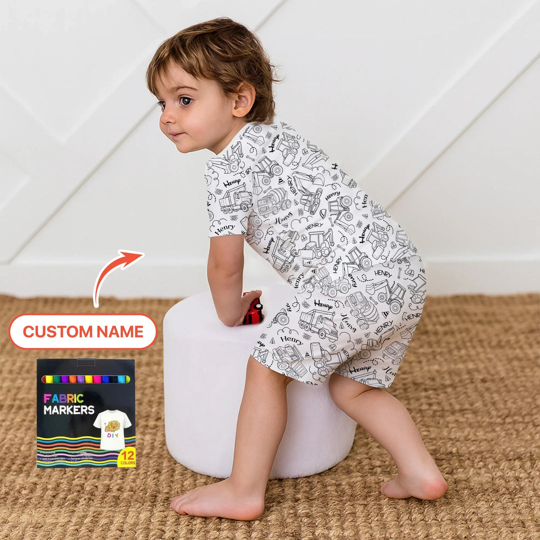Construction Vehicules Custom Name Colorable Two Piece Short Sleeve Shorts Pajama